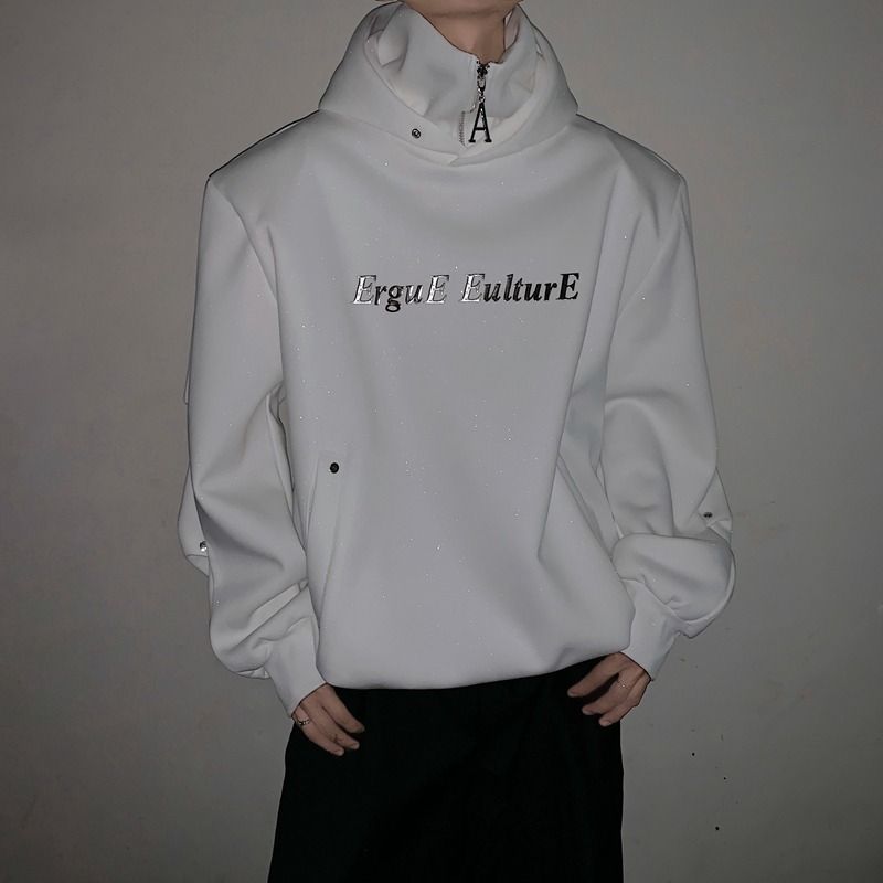New design sense double-layer high neck hooded sweatshirt for men, niche metal button versatile pullover top_voghion.com
