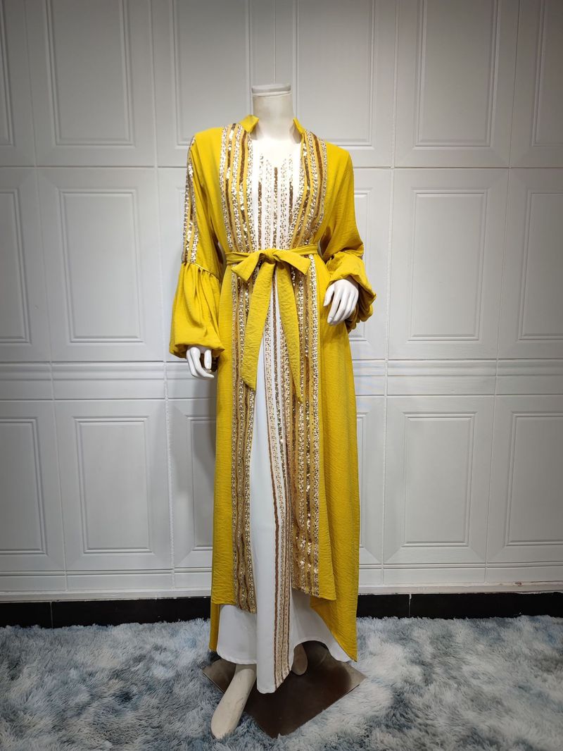 Women's Clothing Robe Muslim Fashion Women's Sequin Embroidery Two piece Puff Sleeve Dress_voghion.com