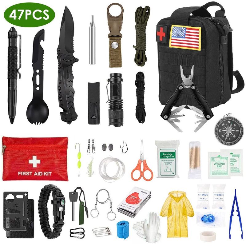 47Pcs Emergency Survival Kit Survival EDC Gear Equipment Tool First Aid Supplies Kit Tools With Pouch For Hiking Hunting Disast_voghion.com