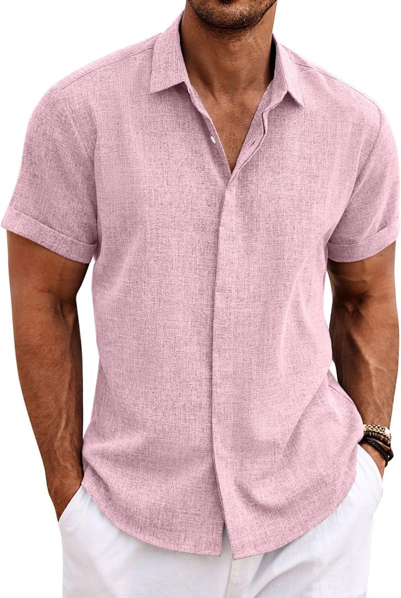 Coofandy Linen Men's Button Up Short Sleeved Casual Shirt, Wedding Summer Beach Shirt_voghion.com