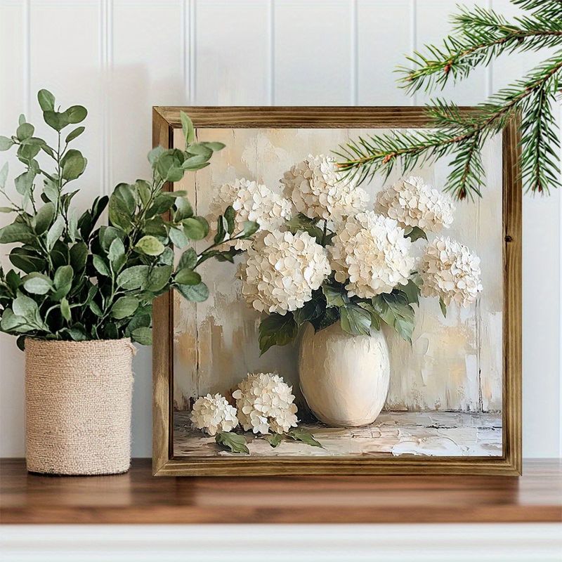 20x20 cm hvidt hortensia-træskilt - rustik indrammet vægkunst til hjem/kontor/café, landlig indretning, perfekt julegave_voghion.com