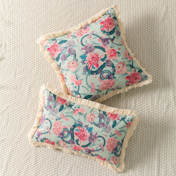 Housse de coussin de canapé à imprimé floral coloré et décoratif avec bordure à pompon de style nordique_voghion.com