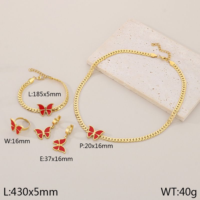 Ensemble de quatre boucles d'oreilles et collier en acier titane doré avec chaîne cubaine en acrylique et papillon, style INS, Dongguan_voghion.com
