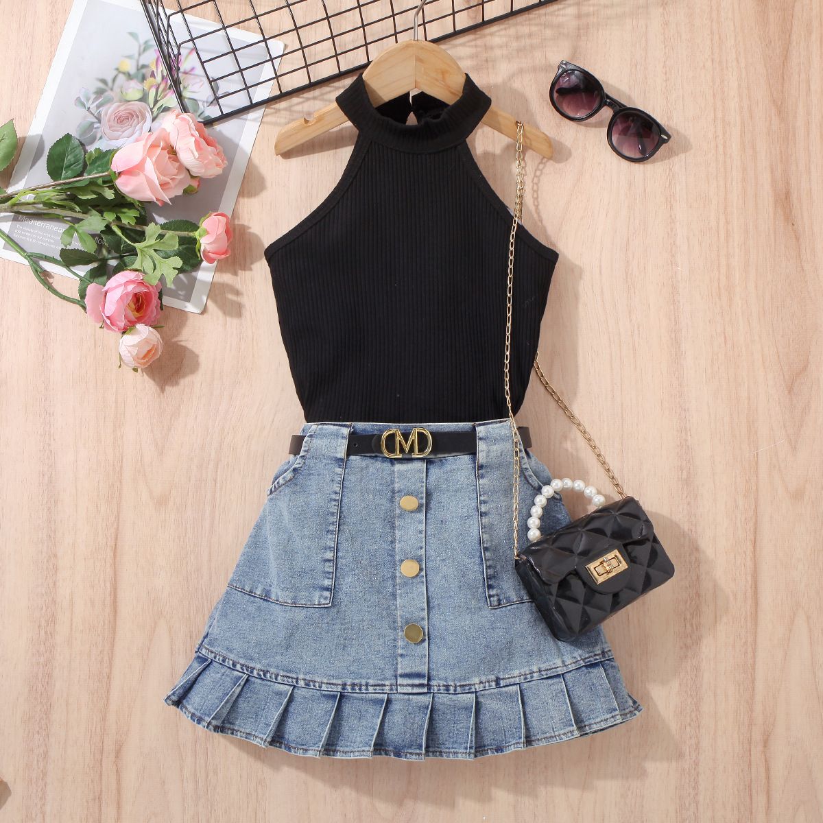 Βρεφικά ρούχα Παιδικό φόρεμα για κορίτσια μονόχρωμο γιλέκο αμάνικο τζιν ανοιχτό τσαντάκι πλισέ φούστα_voghion.com