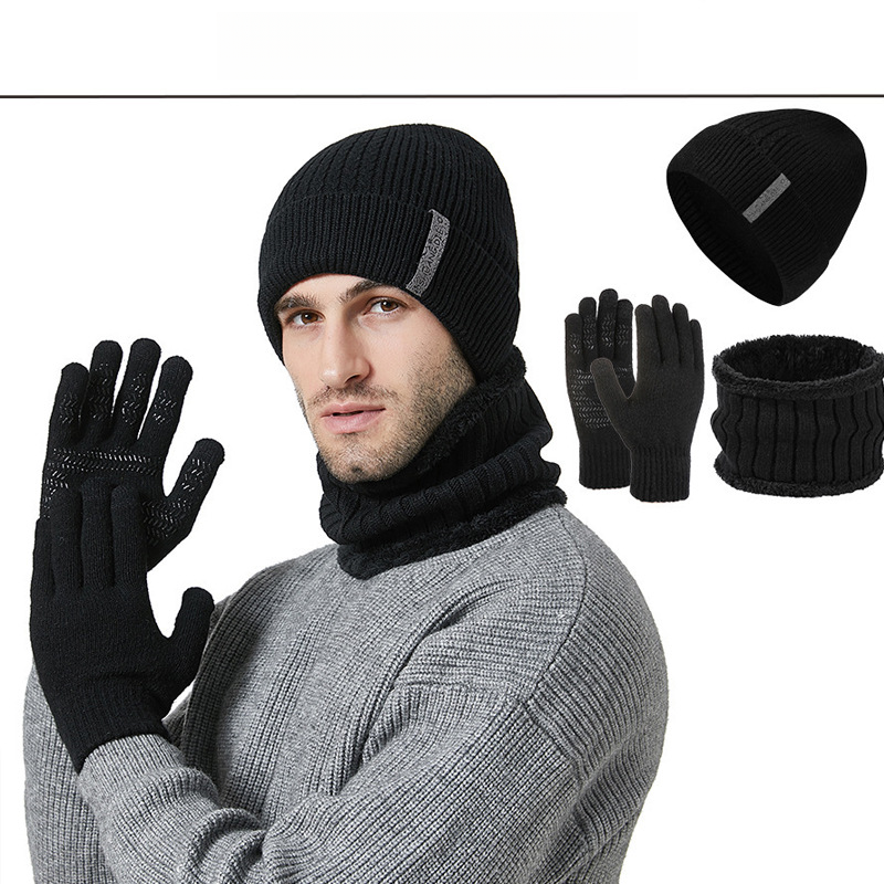 Autumn Winter Men's Scarf Gloves Three-Piece Set Fleece Lined Thickened Warm Knitted Hat Casual Versatile_voghion.com
