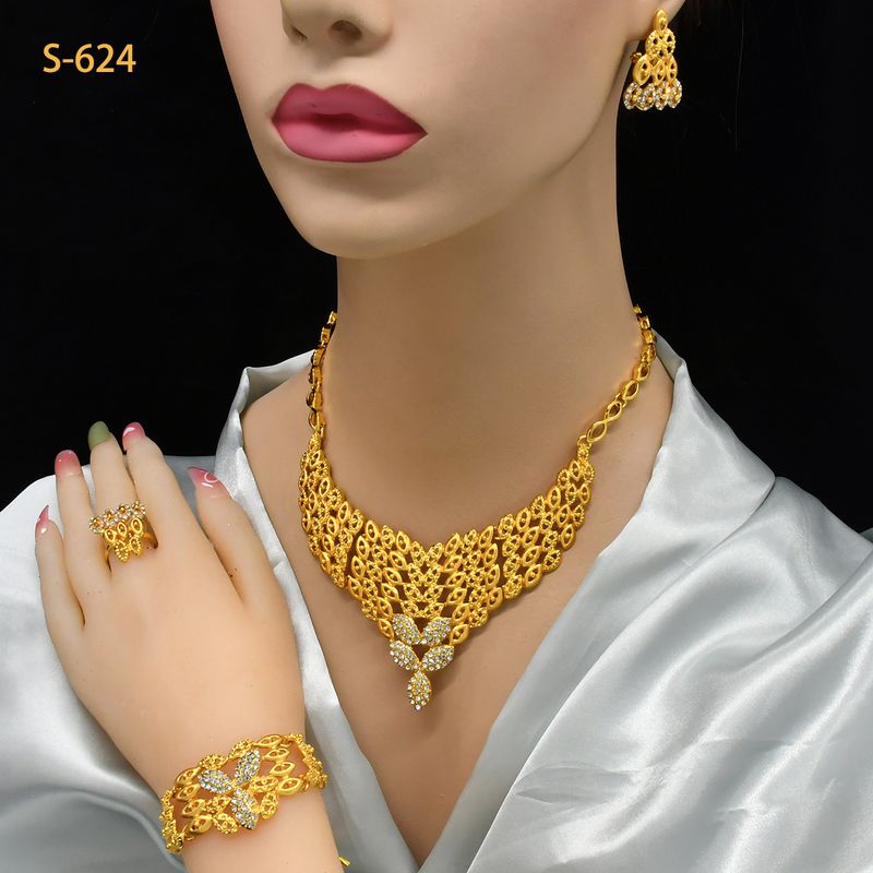 Set de bijuterii placate cu aur de lux, format din patru piese, colier, brățară, inel, cercei, accesorii de înaltă calitate_voghion.com