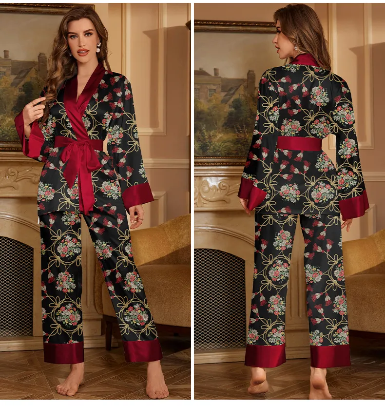 Women’s Clothing New Silk Pajamas Autumn Women's Long Sleeved Suit Stylish Color Ice Silk Home Two Piece Pajamas_voghion.com