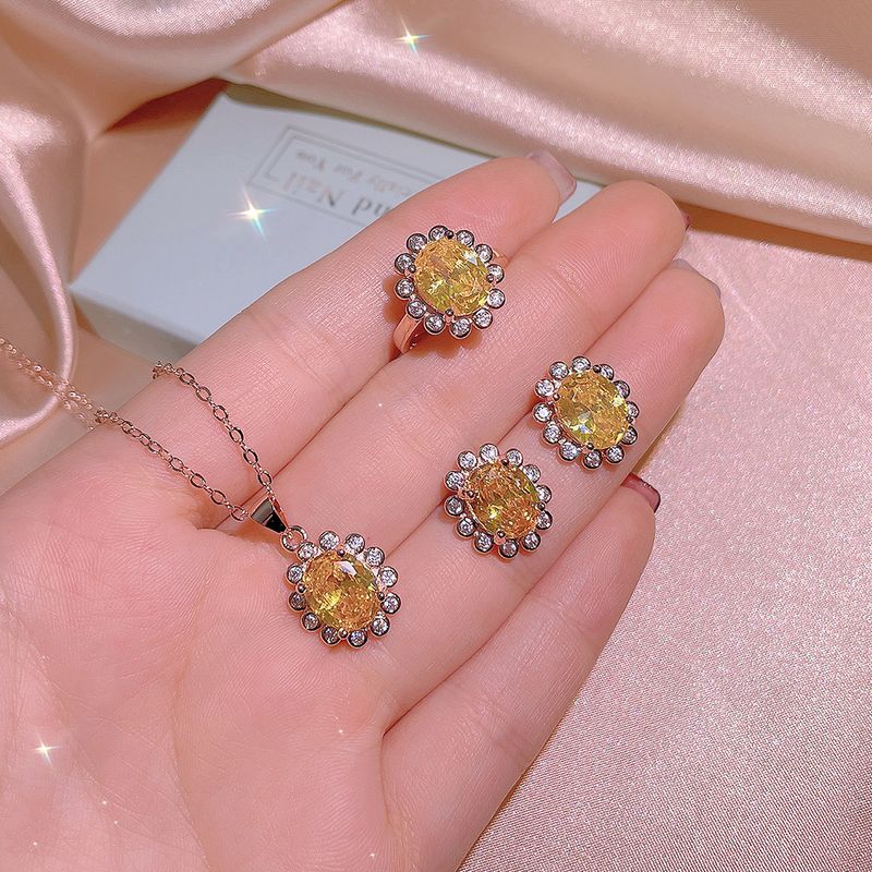 Cluster Volldiamantring Anhänger Ohrringe Halskette Trendy Eleganter Schmuck Dreiteiliges Set Live-Streaming_voghion.com