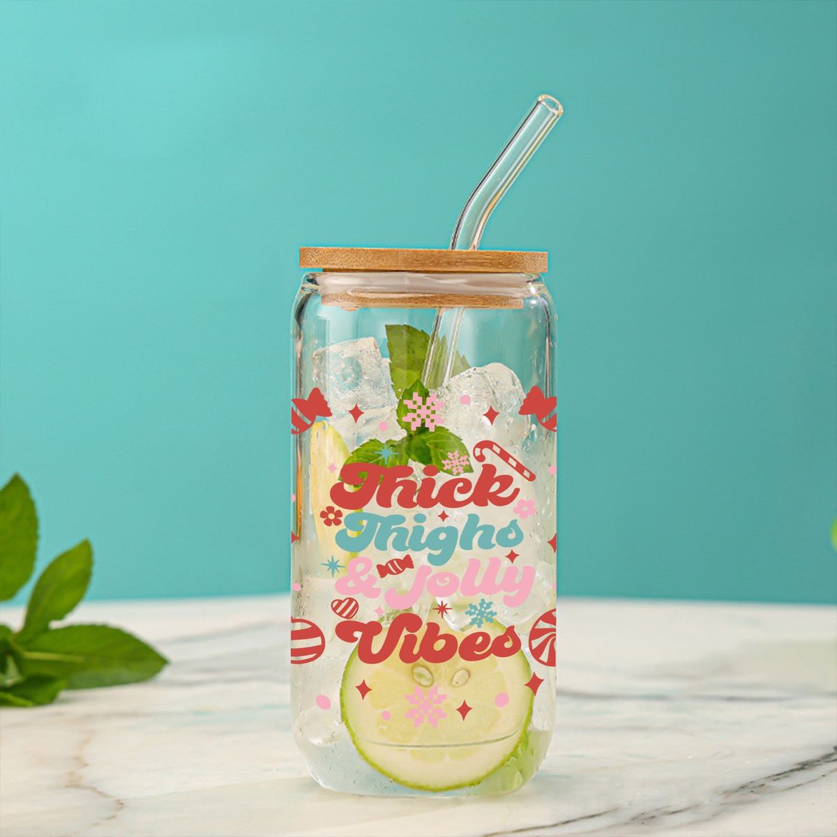 Modern Minimalist Christmas Glass Tumbler Set (16oz) – Eco-Friendly Borosilicate Cups With Bamboo Lids & Glass Straws (2-Pack, Leak-Proof)_voghion.com