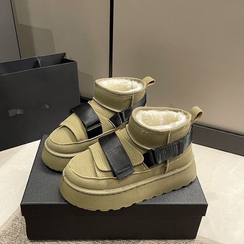 Chaussures de neige intégrées en cuir et fourrure pour femme, nouveau style hiver 2024, avec pain chaud en peluche et coton, semelles épaisses_voghion.com