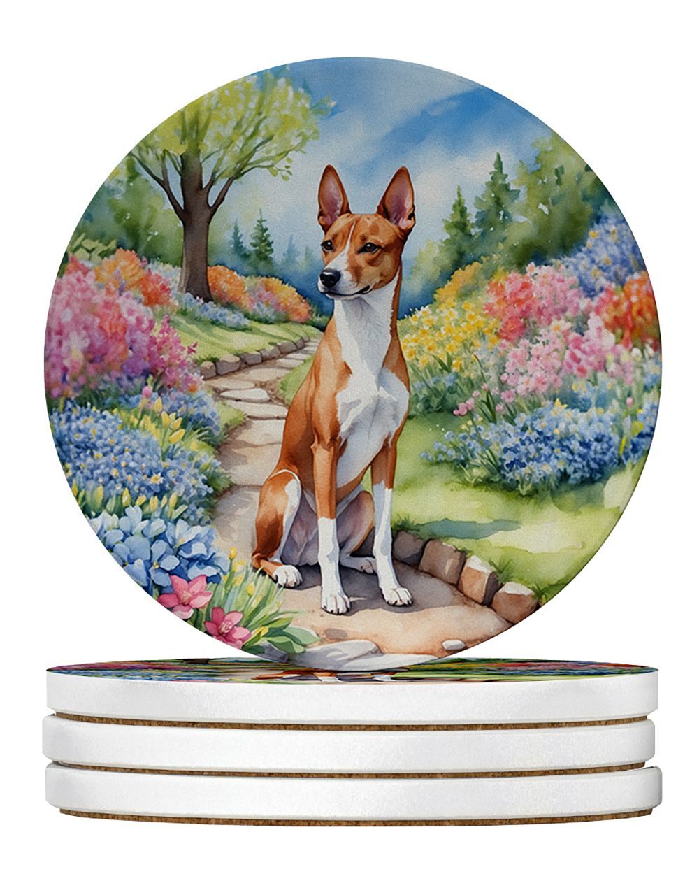 Basenji Spring Garden Large Sandstone Coasters Pack Of 4 Absorbent Round Coasters Decor Gifts For Men Or Women, 4 In, Multicolor_voghion.com