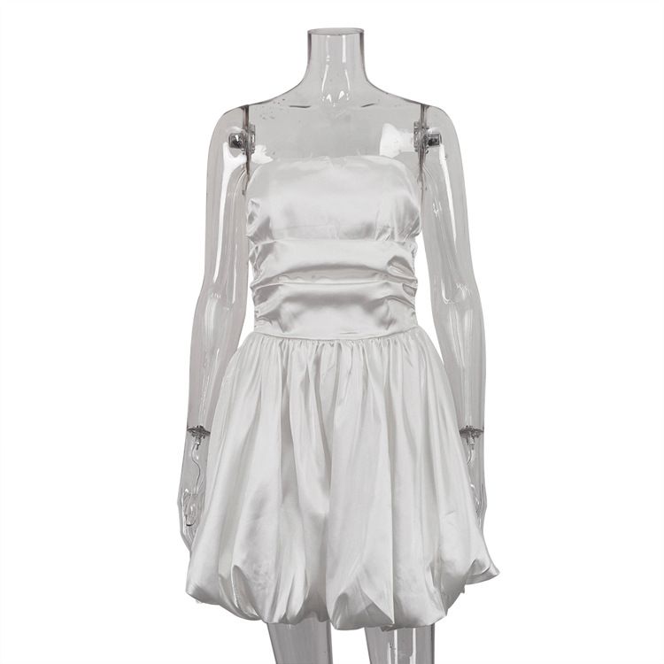 Women's Clothing Sweet Style Tube Top White Satin Dress Pleated Design Niche Short Skirt_voghion.com