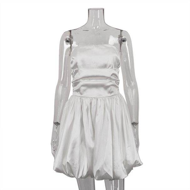 Women's Clothing Sweet Style Tube Top White Satin Dress Pleated Design Niche Short Skirt_voghion.com