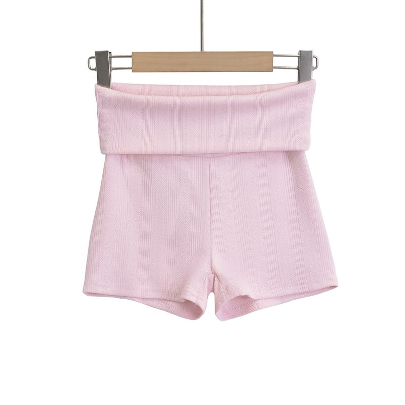 2025s DS24165-24 Summer New Style Wind Girl Sports Casual Pants Solid Color Elastic Slim Waist Turn-up Shorts_voghion.com