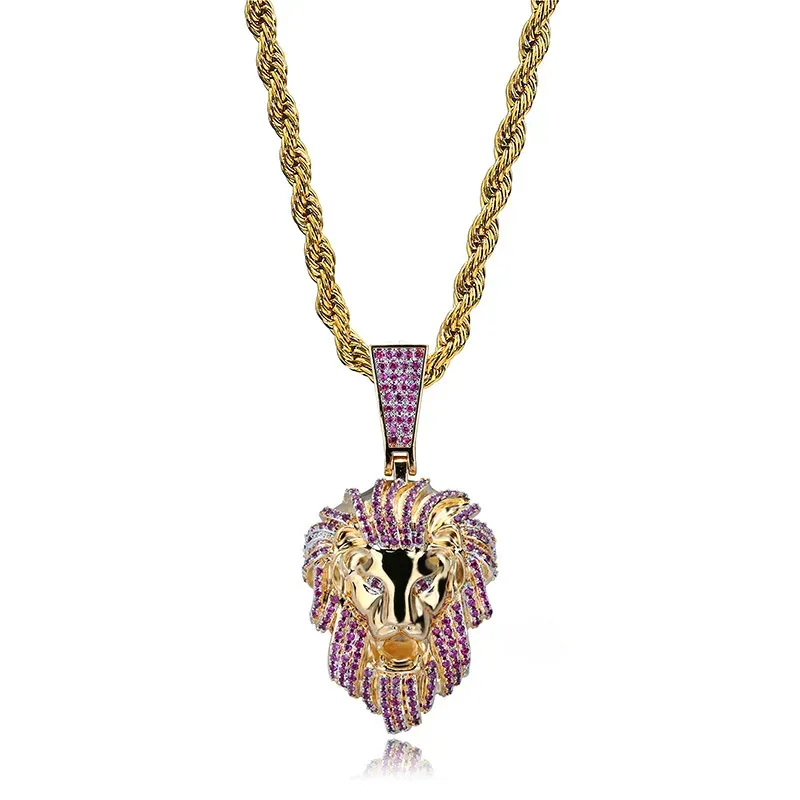Collana con ciondolo a forma di testa di leone Hip Hop TopBg, da uomo, in oro 14k, con ciondolo a catena in corda._voghion.com