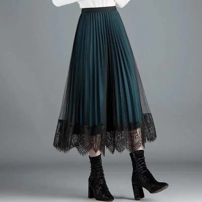 [Reversibile] Gonna autunno e inverno nuova gonna a pieghe in pizzo a vita alta di grandi dimensioni da donna gonna a rete sottile di media lunghezza_voghion.com