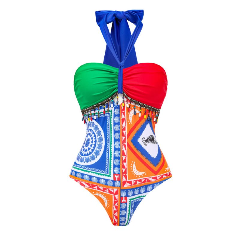 Sexy Eendeel-Badekostüm fir Fraen, konservativ Bauchdeckung, Schnürbadenkostüm aus waarme Fréijoerschiffon, Strandrockkostüm_voghion.com