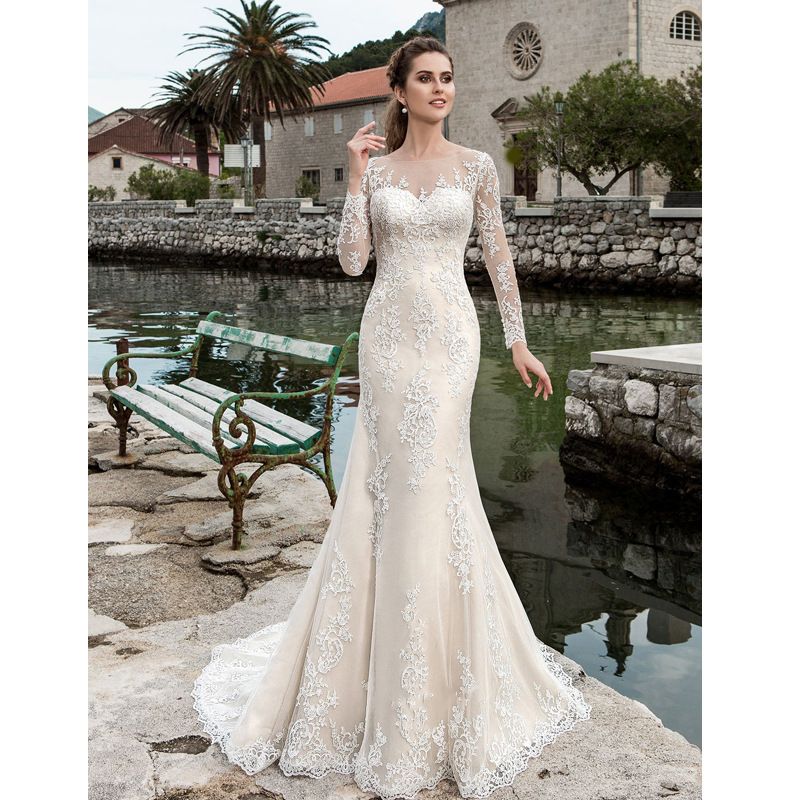 Women's clothing mermaid wedding dress new bride main wedding dress one-shoulder lace long-sleeved halter back Mori retro trailing tail_voghion.com