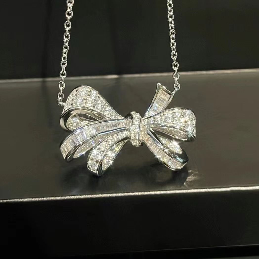 Full Diamond Zircon Bow Pendant With Water Droplets, And Versatile Necklace, Women's Collarbone Chain, New Neckchain,_voghion.com