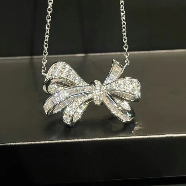 Full Diamond Zircon Bow Pendant With Water Droplets, And Versatile Necklace, Women's Collarbone Chain, New Neckchain,_voghion.com
