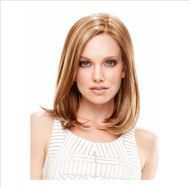 Synthetische Perücke für Damen, Set mit mittellangem, glattem, zweifarbigem braunem und goldenem Haar_voghion.com