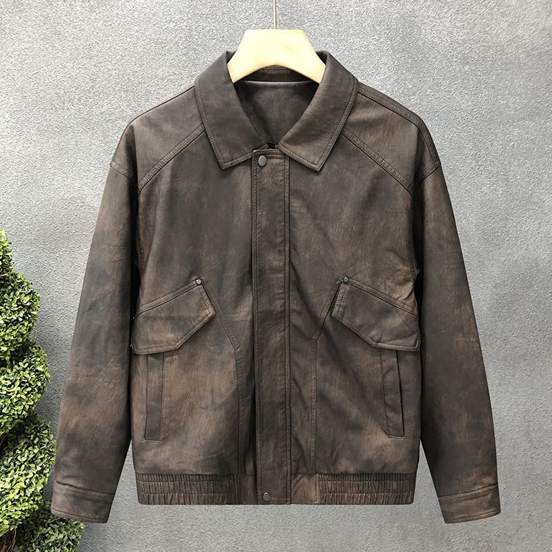 Giacca da motociclista in similpelle retrò da uomo, vestibilità attillata, con collo alto e tasche laterali (antracite/caffè, L-3XL)_voghion.com