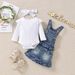Babykleidung Baby-Mädchen-Outfit, süßes weißes Kleid mit fliegenden Ärmeln + Jeans-Hosenträgerkleid_voghion.com