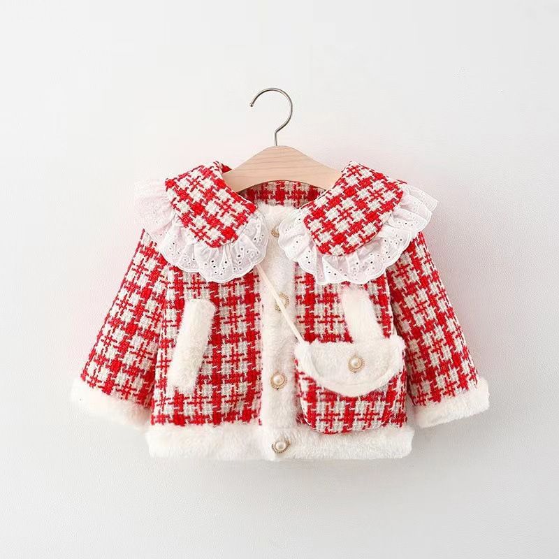 2021 nieuwe winterstijl meisjes Koreaanse stijl kantkraag kleine geurige stijl jas voor kinderen en kinderen van middelbare leeftijd plus fleecejas 1284_voghion.com