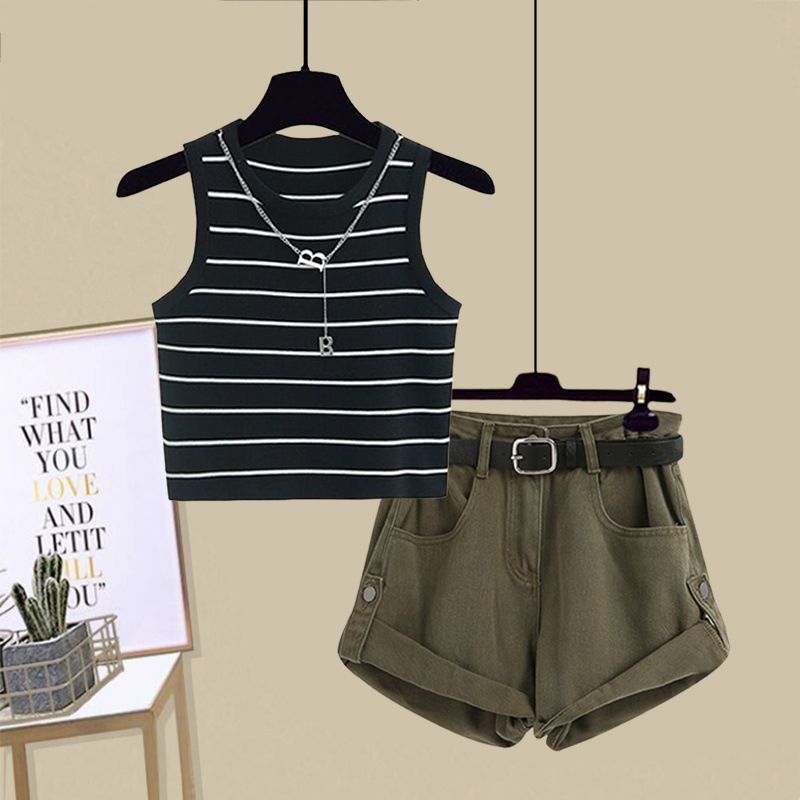 Women's Clothing New Summer Outfit A Complete Set Of Solid Color Vest Suspenders With Casual Slim Denim Shorts Two Piece Set_voghion.com
