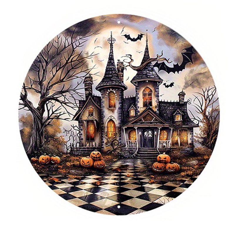Decoração para casa Halloween Horror Abóbora Castelo de Madeira Logotipo Circular Placa Decorativa Criativa_voghion.com