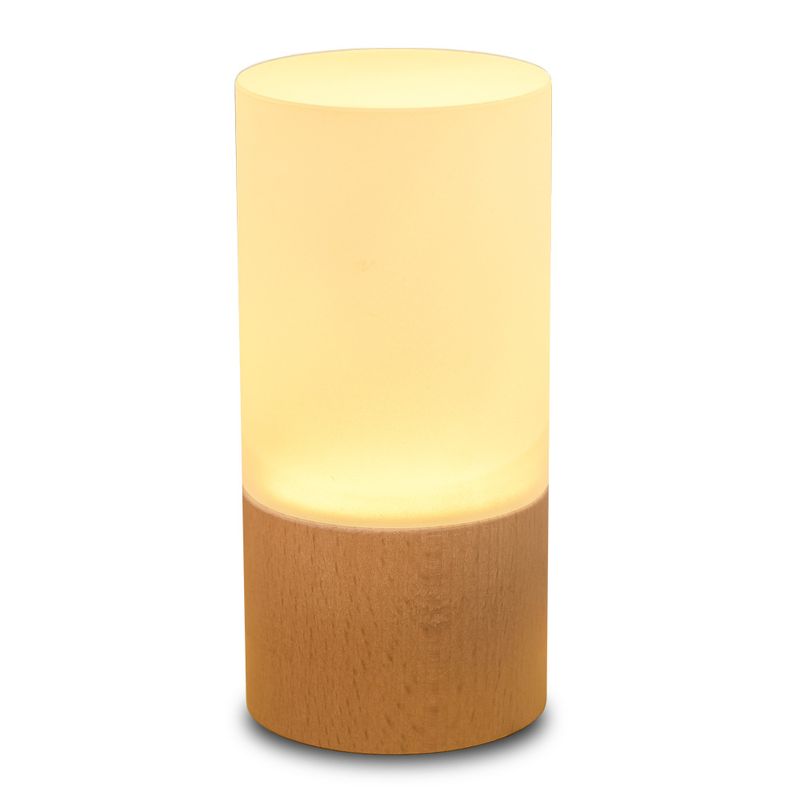 Massiv akryl cylinderformet LED-lys RGB skrivebordslampe USB skrivebordslampe med frostet glasfølelse, tung cylinderformet bordlampe med fod i ægte træ_voghion.com