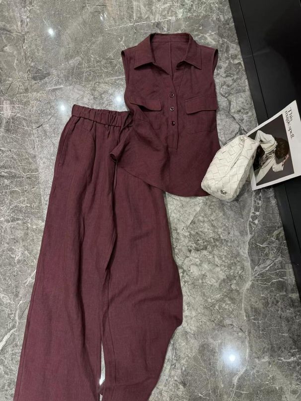 Women's Clothing Popular Red Linen Suit For Women New Summer Fashion Shirt Wide Leg Pants Two Piece Suit_voghion.com