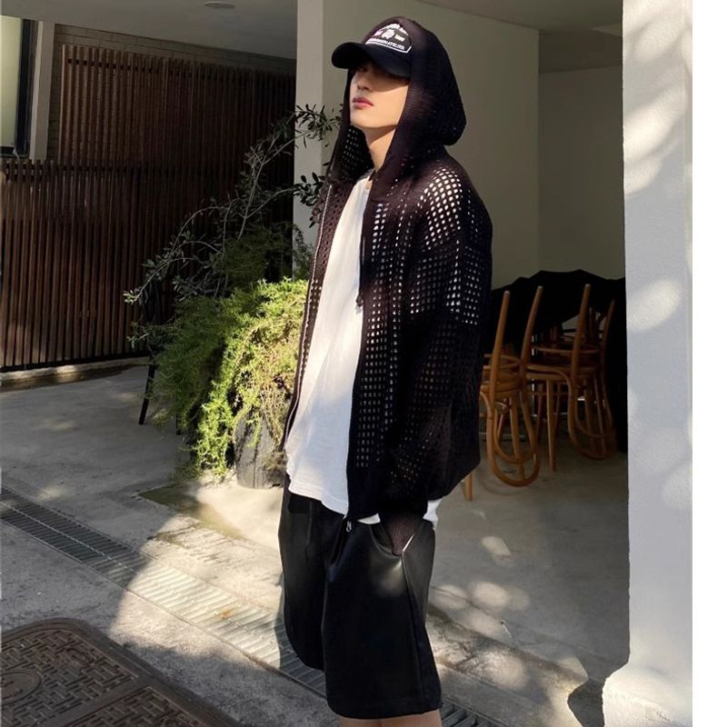 Men's Clothing Hooded Hollow Knitted Sweater Jacket Ice Silk Breathable Sun Protection Clothing Casual All Match Trendy_voghion.com