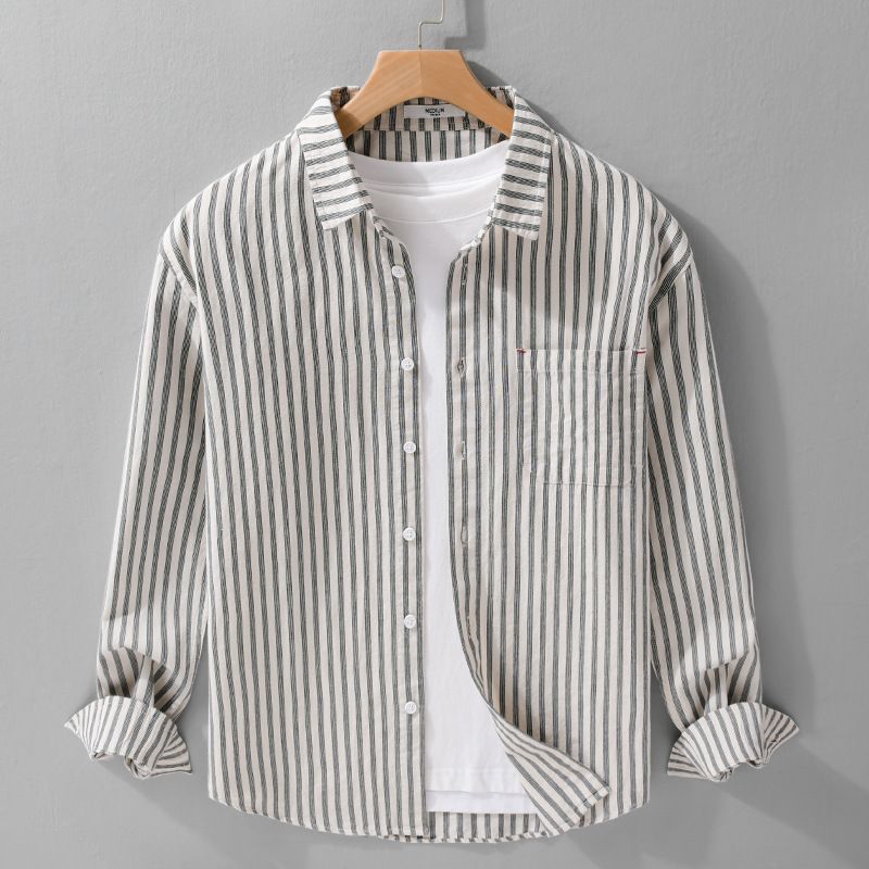 Men's Casual Striped Long Sleeve Shirt – Relaxed Fit Button-Up With Chest Pocket (M-3XL, Black/Beige & Sky Blue) Inspired Minimalist Style_voghion.com