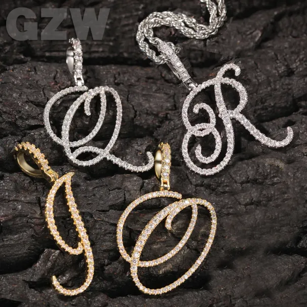 New Initial Letter Custom Name Pendant Necklace Cool Flowery Cursive Personalized Bling Cubic Zirconia CZ Real Gold Hip_voghion.com
