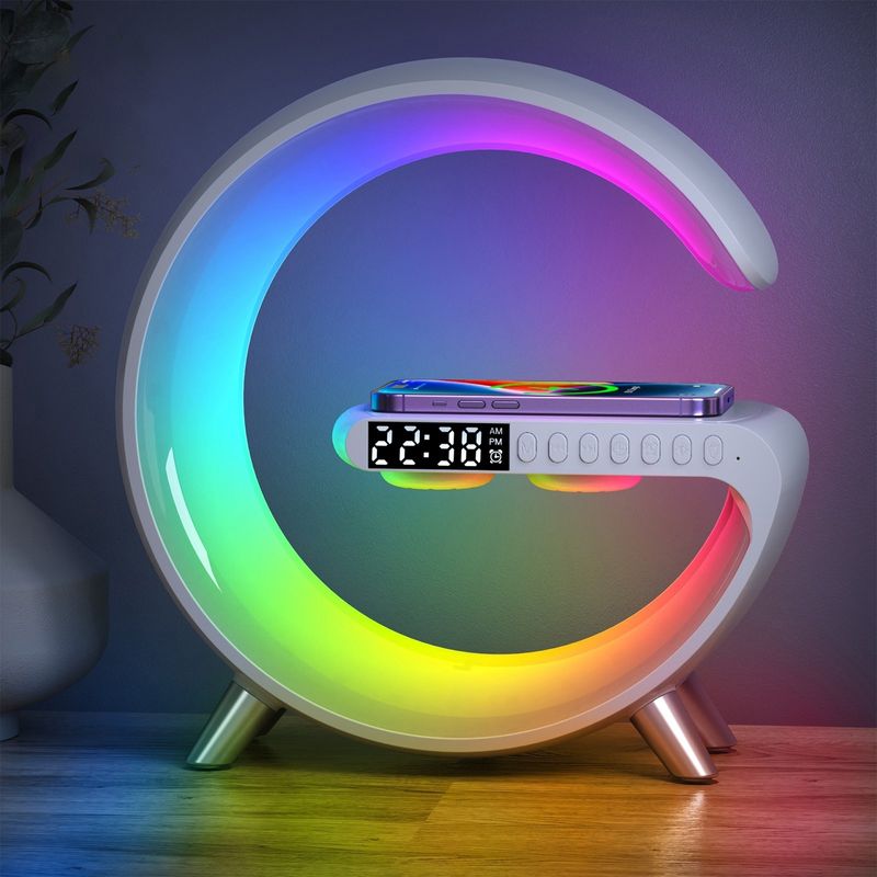 Altoparlante Bluetooth intelligente N69-1 con caricabatterie wireless, sveglia e luce ambientale, senza APP (bianco)_voghion.com