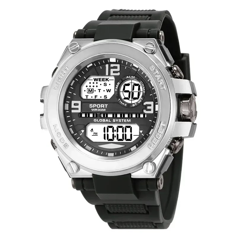 Reloj digital LED multifunción para hombre, deportivo, negro, para niños y estudiantes, resistente al agua, luminoso, despertador, electrónico._voghion.com