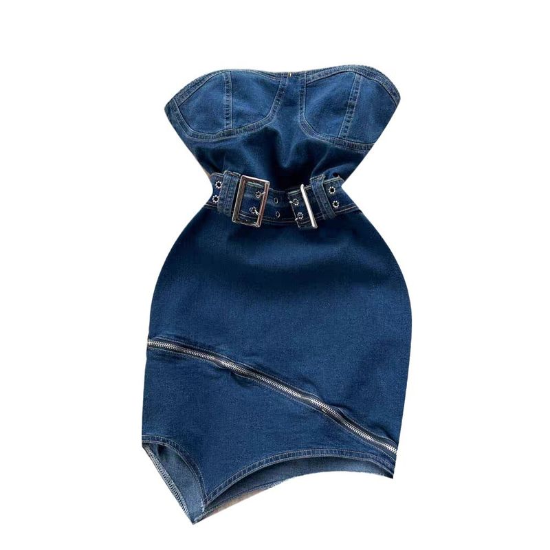 Women's Clothing Hot Girl Style Retro Belt Irregular Hem Zipper Tube Top Denim Dress Trend_voghion.com