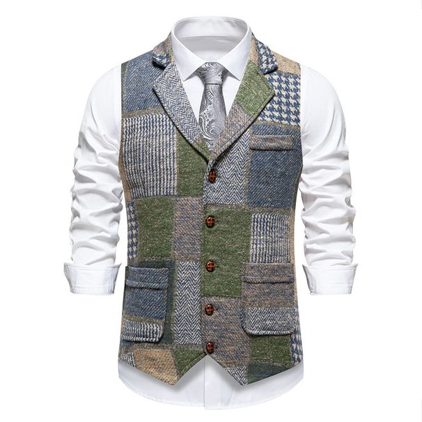 Blazer masculino slim fit de inspiração vintage com gola patchwork - Moda outono/inverno (P-2GG, xadrez cinza/vermelho/azul)_voghion.com
