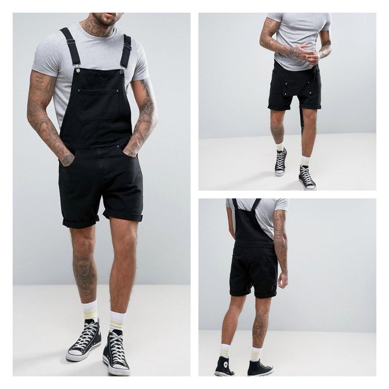Herrkläder Denim White Black Rim Shorts Jumpsuit Overall_voghion.com