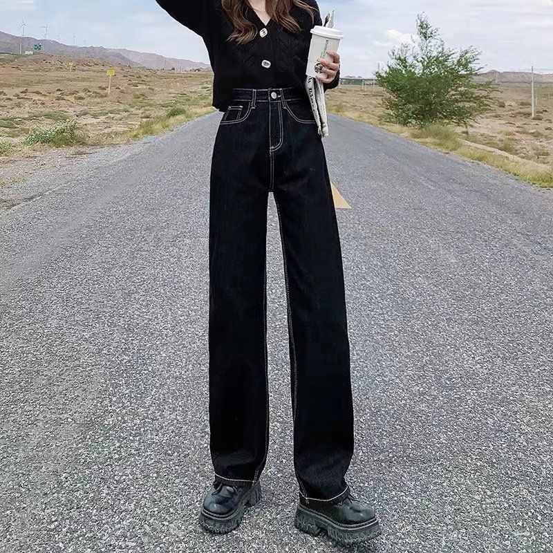 Amerikansk stil högmidjade jeans med vida ben för kvinnor på våren och hösten, raka ben, lös design, svart ny stil,_voghion.com
