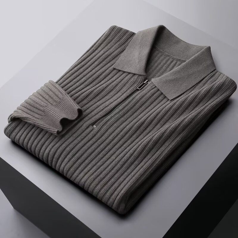 Men's Clothing High End Knitted Polo Shirts Autumn And Winter Long Sleeved Half Zipper Lapel Pit Striped Solid Color Sweaters_voghion.com