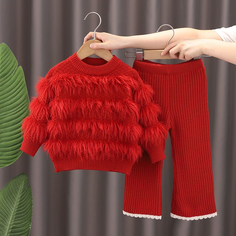 Mädchen-Set aus Strickpullover und Schlaghose – weiche Polyestermischung, koreanischer Stil, 3–8 Jahre (100–140 cm), Beige/Rot/Pink/Grün_voghion.com