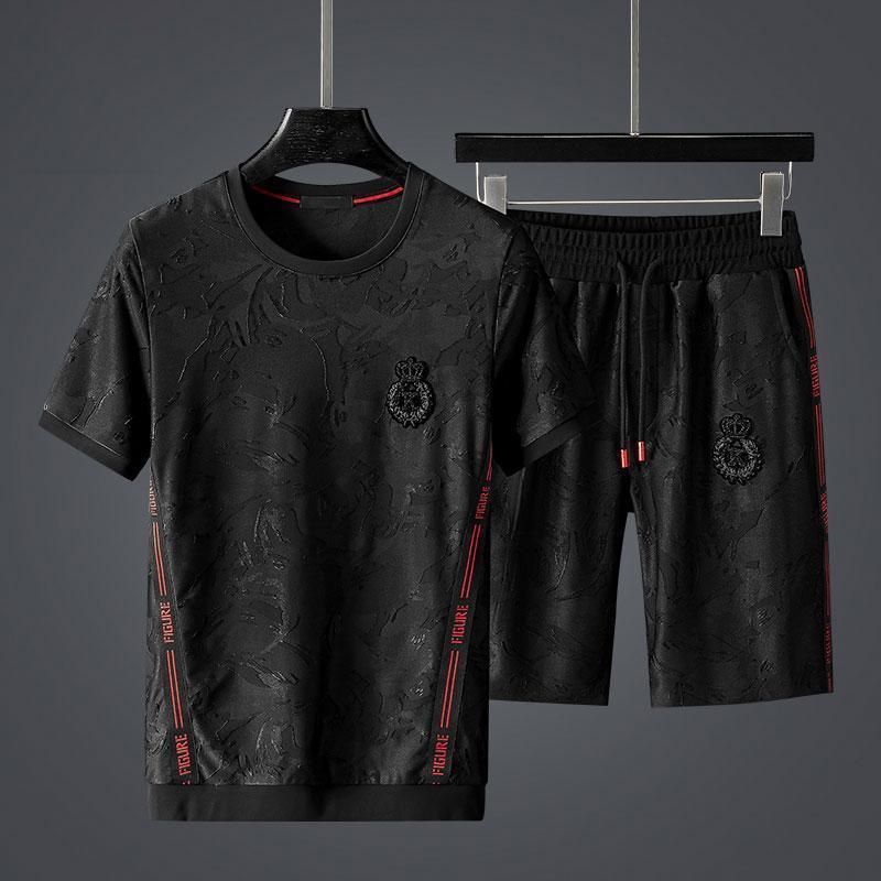 Härenkleeder High-End Jacquard-Gurtband-Splicing Casual Kostüm Hären Summer Groussgréisst Stil Perséinlechkeet Matching Shorts Zweedeel Kostüm_voghion.com