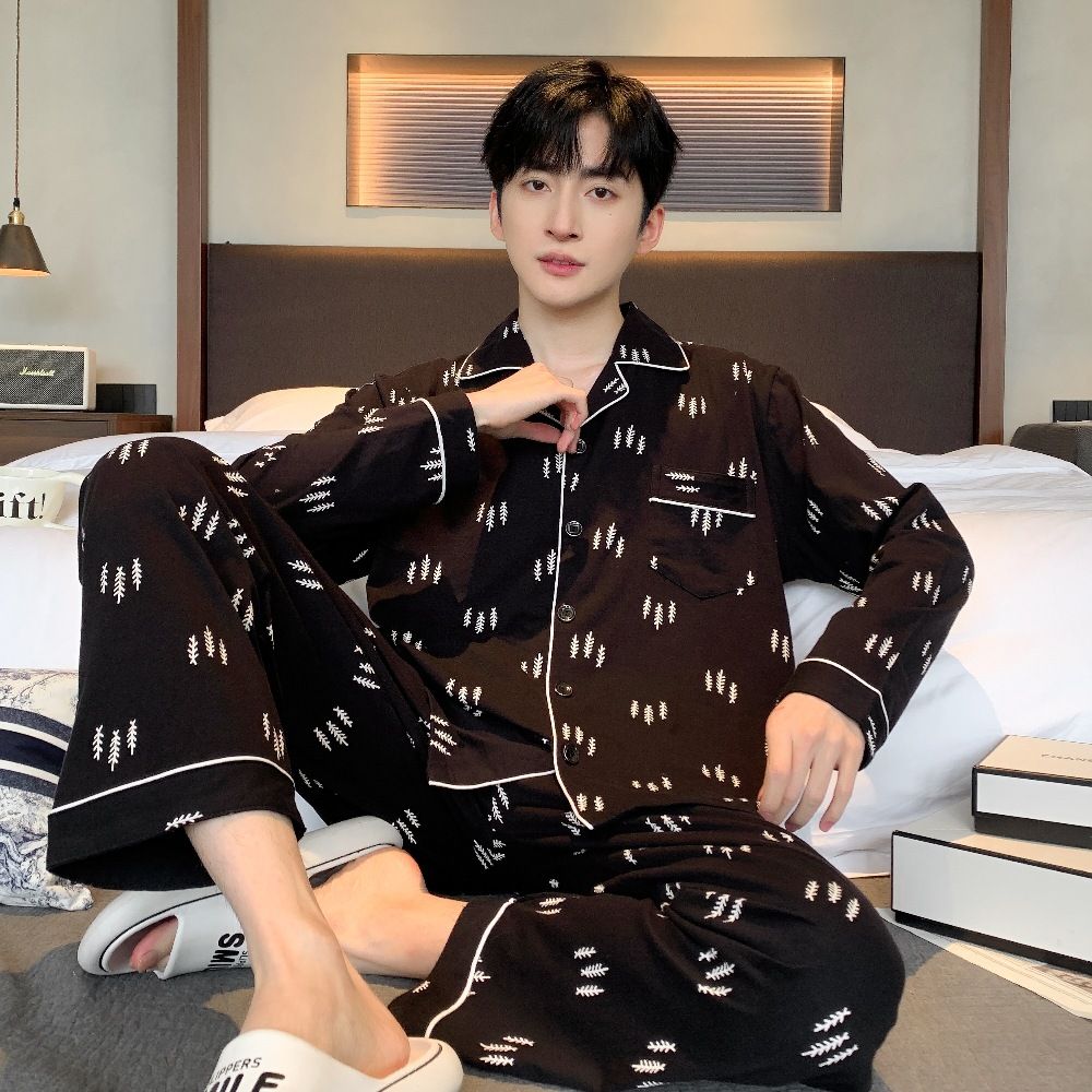 Frühlings- und Herbstpyjama für Herren aus Baumwolle, lange Ärmel, Hose, dünn, bequem, 100 % Baumwolle, ideales Heimwäsche-Set_voghion.com