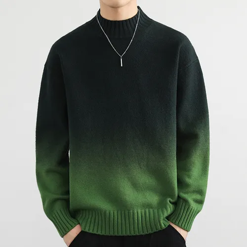 Herren-Strickpullover mit Ombré-Muster – Halbrollkragen, lockere Passform, Stretch-Polyestermischung (Armeegrün/Blaugrau/Beige/Dunkelgrün/Chinarot)_voghion.com