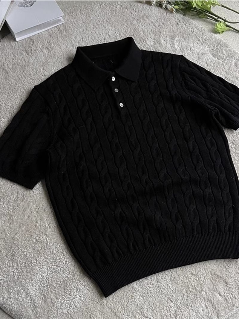 Suéter de punto trenzado de manga corta con cuello polo para hombre, nuevo jersey de primavera y verano con textura retro, estilo maduro y ligero, top sencillo de canalé negro._voghion.com