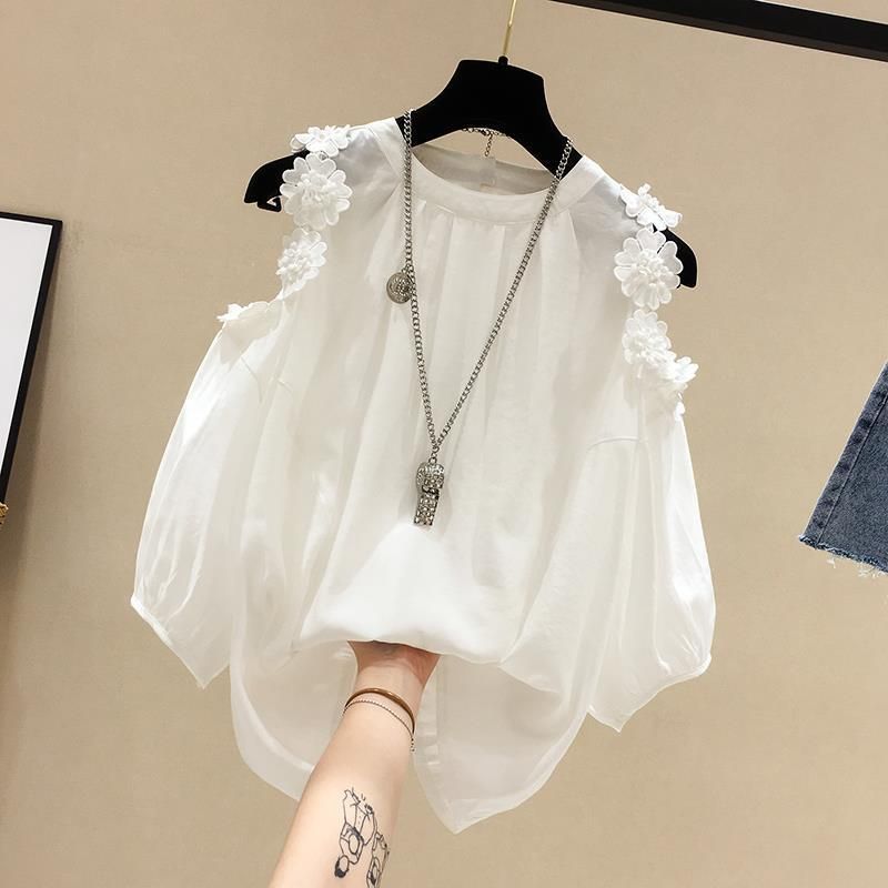 Damenbekleidung Blumen-Schulterfreies Chiffon-Shirt Damen Kurzarm Frühling und Sommer Neuer Stil Lose Bauchbedeckendes Feen-Top_voghion.com