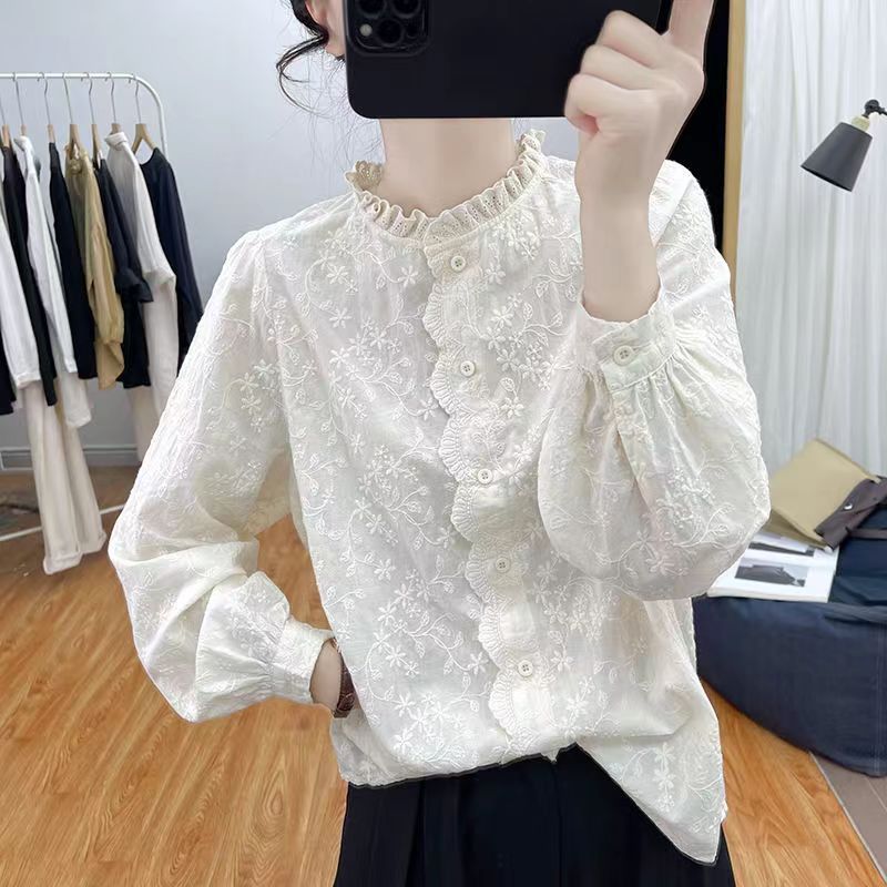 South Korea Dongdaemun 2024 Spring New Korean Edition Lace Embroidery Sweet Long Sleeve Stand up Collar White Shirt for_voghion.com