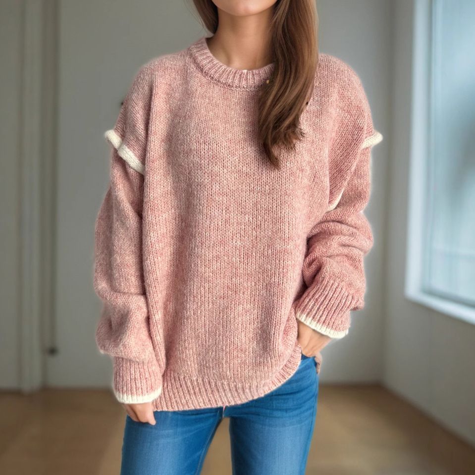 Patchwork-Strickpullover für Damen – Übergroßer Pullover mit Rundhalsausschnitt und dickem, warmem Stoff (Pink/Grau/Beige/Khaki, S/M/L)_voghion.com